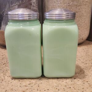 Vintage 1930's Jadeite Milk Glass Spice Shakers